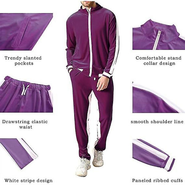 Mjukisdress i sammet för män, avslappnad jacka och byxor Purple 2XL