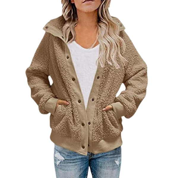 Kort Vinter Cardigan til Kvinder Langærmet Plys Frakke Med Dobbelte Lommer Ensfarvet L Khaki