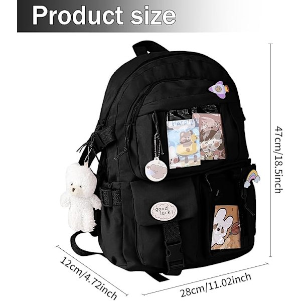 Kawaii ryggsäck, Kawaii ryggsäck med Kawaii stift och tillbehör, Kawaii ryggsäck för flickor studenter, söt estetisk reseryggsäck svart