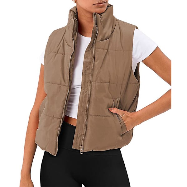 Puffer Vest Dame Ærmeløs Vinter Cropped Stand-up Krave Dunjakke Khaki M