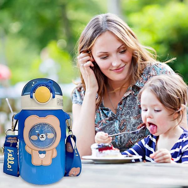 Kawaii Vannflaske Med Sugerør, Søte Vannflasker Med 3d Kawaii Klistremerke, Rustfritt Stål Vannflaske 600ml (blå)