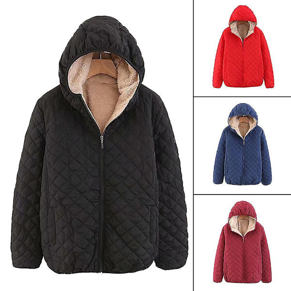 Hettejakke for kvinner, plysjfôr, cellequiltet kort jakke med glidelåslukking 2XL Red