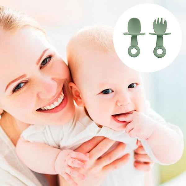 Itsepalveluastiat, silikonilusikka- ja haarukkasetti, tukehtumisenestokansi, helppo tarttua, sopii vieroitukseen green