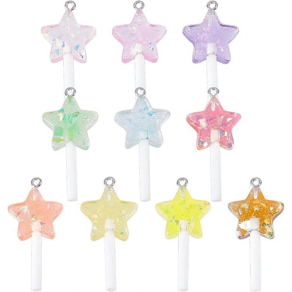 40 stk. falske slikkepind stjerne charms 10 farver stjerne slikkepind harpiks vedhæng imitation slik charms med løkke paillet og plastikhåndtag til DIY smykker Ma