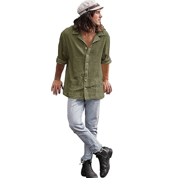 Herr Casual Skjortor Långärmad Krage Strand Skjorta Topp Green XL