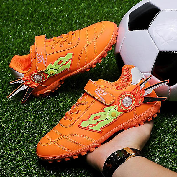 Pojkar Flickor Fotbollsskor Halkfria Fotbollsskor Dobbar Gräs Fotbollssneakers  y210 Orange EU 34