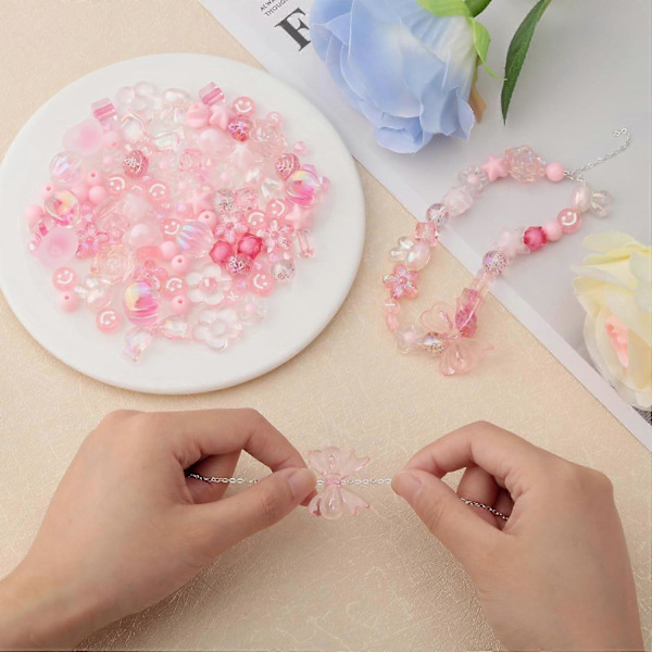 279 stk. 24 Style Pink Akryl Perler Assorterede Perler Transparent Blandet Form Søde Yndige Hjerte Blomst Bogstaver Smil Perler Bulk Sæt til Smykkefremstilling Bra