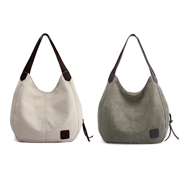 Dam Multi Pocket Axelväska, Canvas Handväska Handväska, Enstaka Axelväska, Artistisk Och Minimalistisk White*Green
