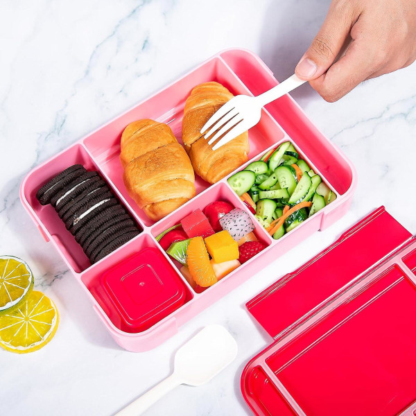 Barnbrödlåda med 6 fack 1330 ml Lunchlåda med bestick, läckagesäker mellanmålslåda, Bpa-fri Bento-låda, mikrovågsugn för picknick i skolan (rosa)