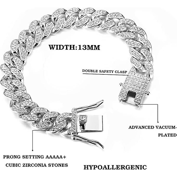 Cubansk lenke for menn, cubansk armbånd, cubansk halskjede, diamantlenke, bling bling hip hop smykkesett, gave til gutter, 2 stk.