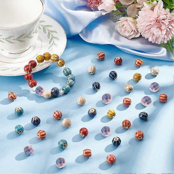 80 stk. 11 mm Diameter Keramiske Runde Perler 8 Farver Fancy Antikke Glaserede Håndlavede Porcelænsperler med 2 mm Hul Løse Spacer Kugleperler til DIY Smykkefremstilling
