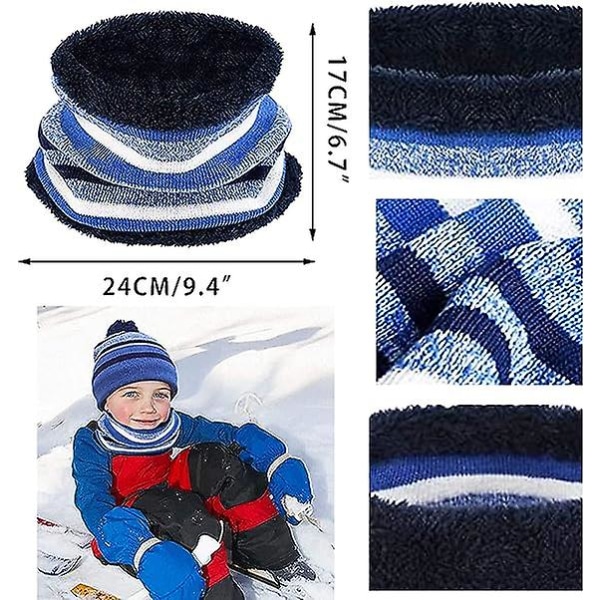 Sztxj (sininen) 3 in 1 Lämmin pipo, huivi ja käsineet -setti lapsille, talvi, paksu neulosfleece, tupsupipot kaulurilla, huivilla ja käsineillä pojille ja tytöille 3-8 vuotta