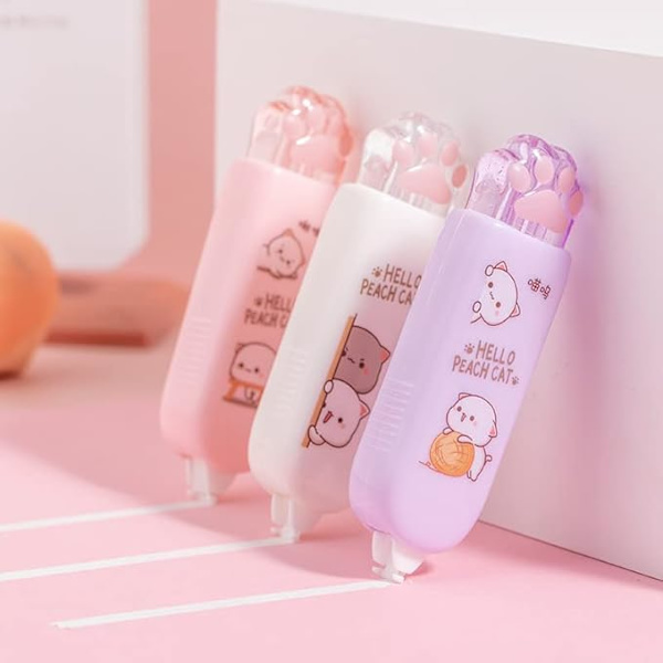 3 delar estetiska vita ut tejp Kawaii katt tass formad korrigeringstejp Cutecore Stationär （slumpmässig färg）