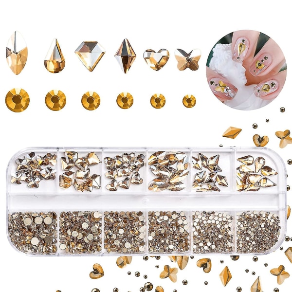 Nail Art Strass, Multi Shapes Glas Crystal Ab Strass, 3d Flatback Kristaller Diamanter Nagelstenar för Nail Art Craft (champagne guld)