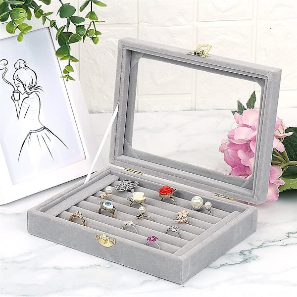 Velvet Glas Smykke Ring Display Stand Opbevaringsboks Ring Øreringe Smykkeskrin Ringholder Etui (grå)