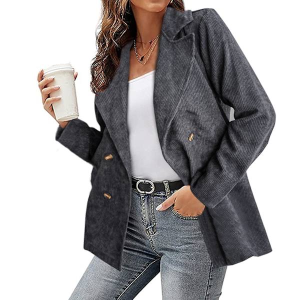 Kordfløyelsjakke for kvinner, ensfarget, løs jakke med jakkeslag, moteriktig yttertøy med lange ermer for XXXL Light Grey