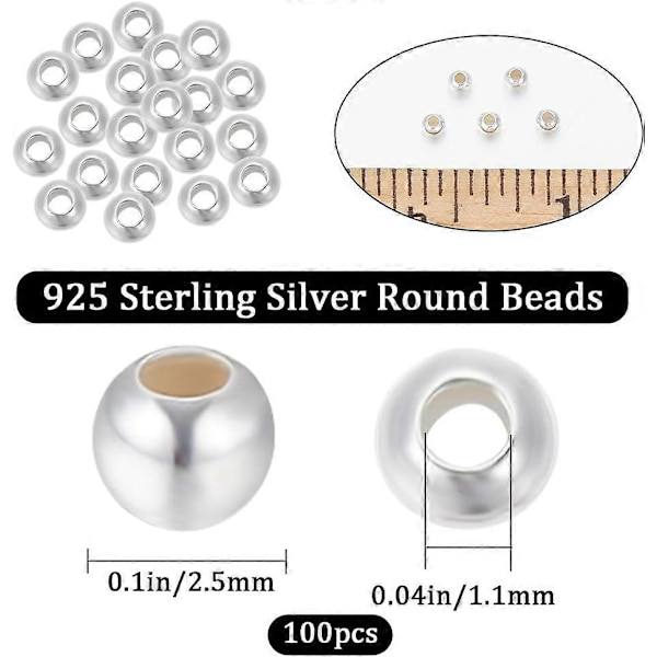 1 Ask 100 st 2,5 mm Distanspärlor Sterling Silver Glatt Runda Stora Hål Lösa Kulor Pärlor