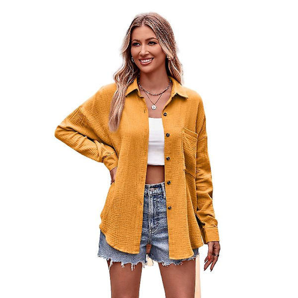 Dam Casual Långärmad Skjortor, Lös Passform Krage Skjorta Toppar Yellow 2XL
