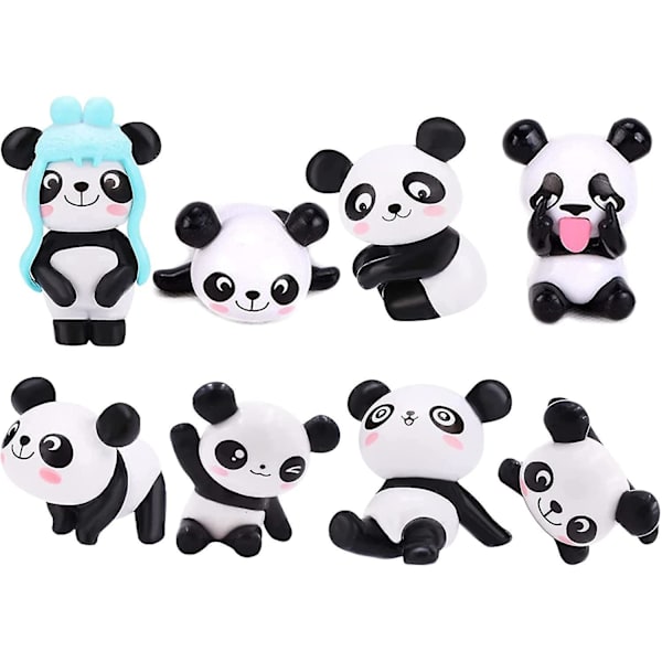 Sæt med 8 søde panda-dyreminiaturer til dekoration, figurlegetøj, gør-det-selv