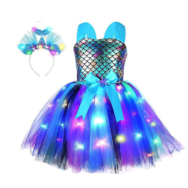 Flickande sjöjungfru kostym LED ljus upp prinsessa Tutu klänning Black style2-M
