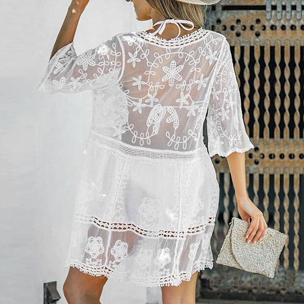 Strandklänning för kvinnor, spets V-ringad baddräkt transparent, strandponcho bikiniöverdrag, elegant sommarklänning för badmode, strandsemester vit