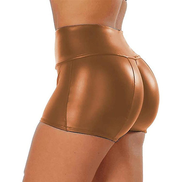 Kvinnors flexibla shorts i konstläder, hög midja, sexiga discoshorts Brown M