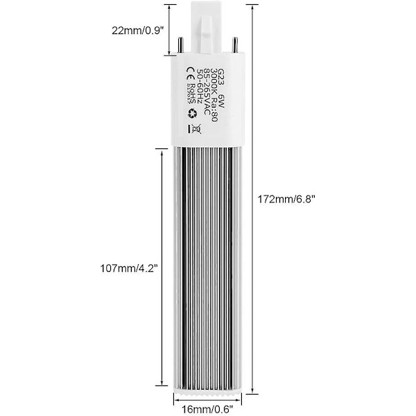 6w 2-benet kompakt lysstofrør, g23/gx23 horisontal rørbase, 3000k (varm hvid G23)