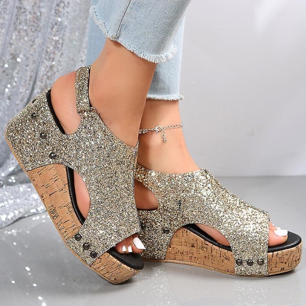 Sandaler Damer Tyk Sål Retro Sandaler Damer Sequin Nitter Velcro Sandaler Gold EU 38