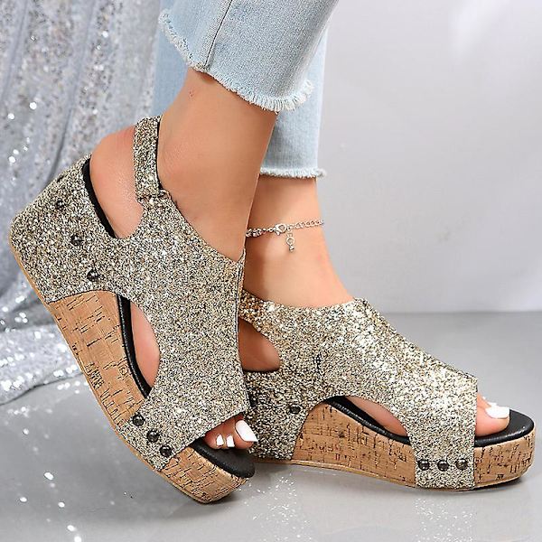 Sandaler Damer Tykk Såle Retro Sandaler Damer Paljettnagler Borrelås Sandaler Gold EU 42