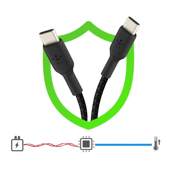 USB-C - USB-C -kaapeli 18W punottu nylon 1m lataus ja synkronointi musta
