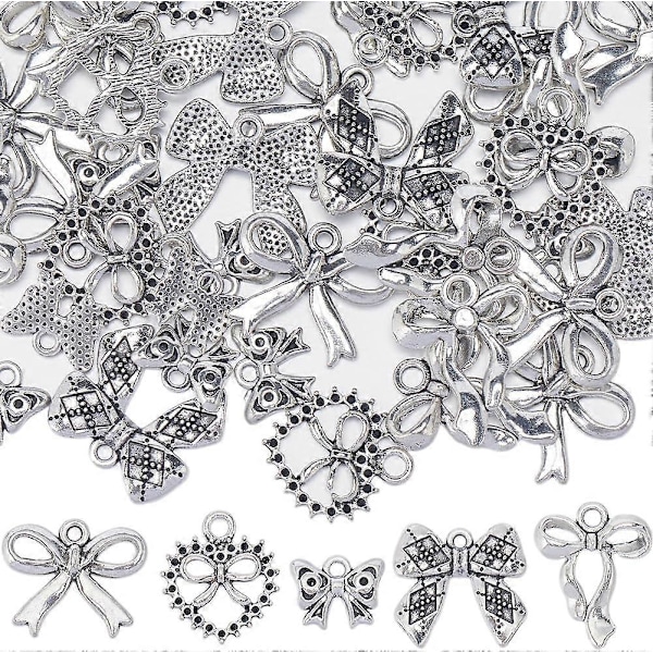 1 Ask 50 st 5 Stilar Rosettberlocker Rosett Charm Legering Silver Ihåliga Tibetansk Stil Halloween Jul Rosettknutsberlocker för Smyckestillverkning Berlocktillbehör