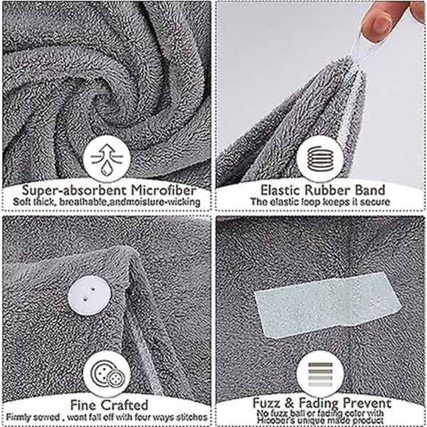 (Grå, Pink, Blå) 3-pak Super Absorberende Mikrofiber Hårtørrer Håndklæde Med Knapper Til Tørt Hår
