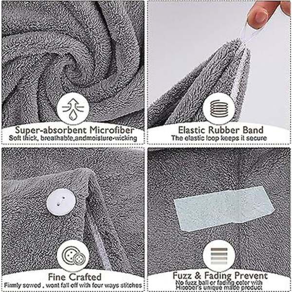 Sztxj (grå, pink, blå) 3-pak superabsorberende mikrofiber tørrehåndklæder med knapper til tørt hår