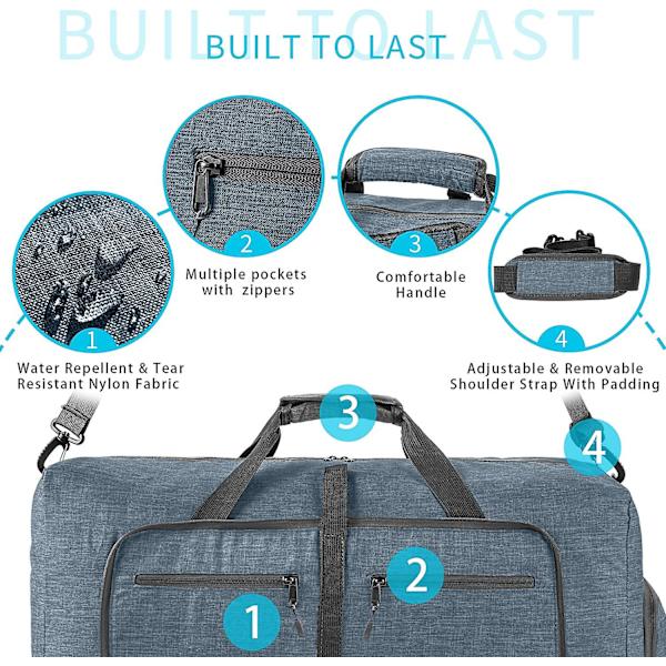 Reise-Dufflebag for menn, 65l sammenleggbar reise-duffelbag med sko-rom nattpose for menn kvinner vanntett og rivebestandig Blue