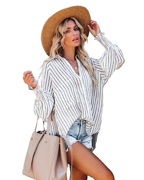 Dame V-hals Stribet Langærmet Knap Ned Bluser Top White S