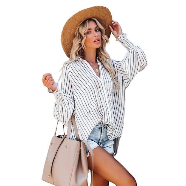 Dame V-hals Stribet Langærmet Knap Ned Bluser Top White XL