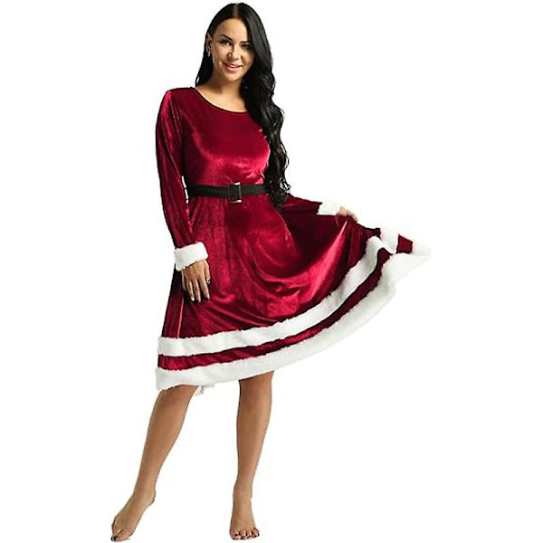 Womens Mrs Santa Claus Kostym Jul Sammet Långärmad Klänning Red M