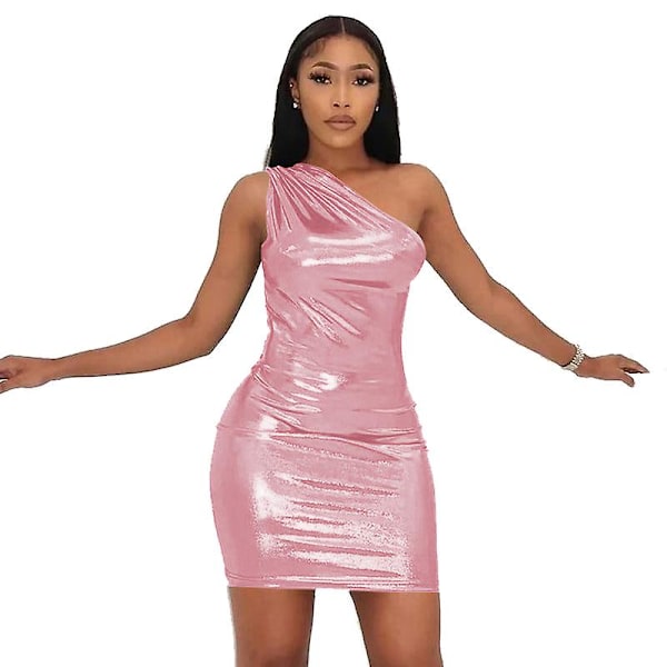 Kvinnors Sommarklänning Bodycon Klänning Ärmlös En Axels Wrap Klänning Pink M