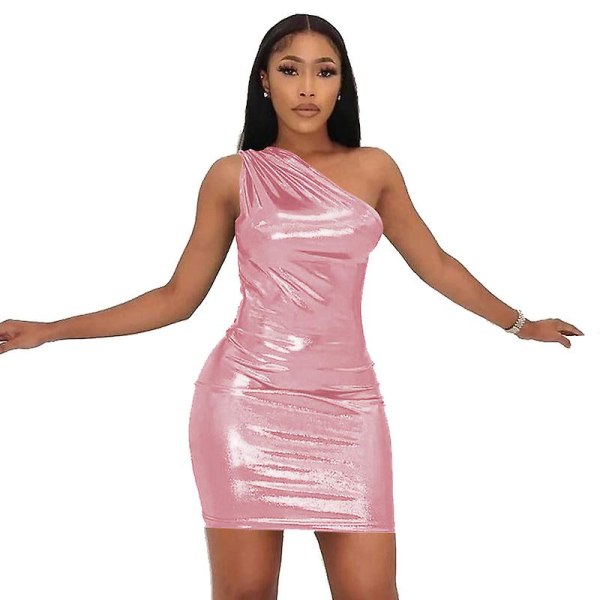 Sommer Bodycon-kjole for kvinner, ermeløs, med én skulder og omslagskjole Pink L