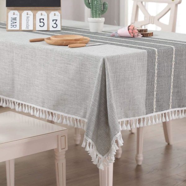 Rektangulær duk, bomulls- og linstruktur, rynkefri, vaskbar duk med dusker for kjøkken, spisestue og selskap (grå, 140x180cm(55x70.8 140x180cm(55x70.8inch)