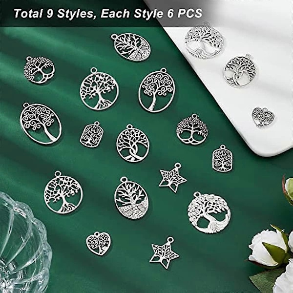 9 Stilar Livsträd Charm 54st Växt Charm Tibetansk Legering Charm Hängsmycken Lyckliga Charm Bulk Smycken Tillverkning Charm för DIY Halsband Armband Smycken