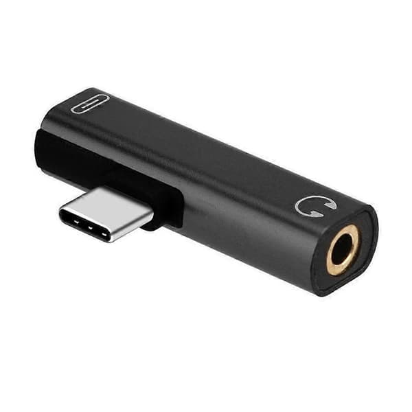 2-I-1 USB C Type-C til 3,5 mm Jack AUX Øretelefon Audio Adapter Oplader black