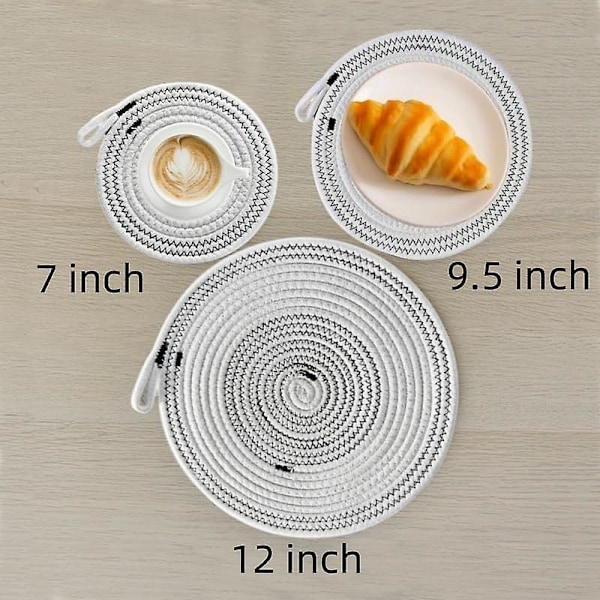 Punotut puuvillaköysi-tabletit, 4 kpl, 30 cm lämmönkestävät pyöreät tabletit ripustusrenkaalla, punotut pöytätabletit kotikeittiöön (4 kpl pakkaus, 30 cm)
