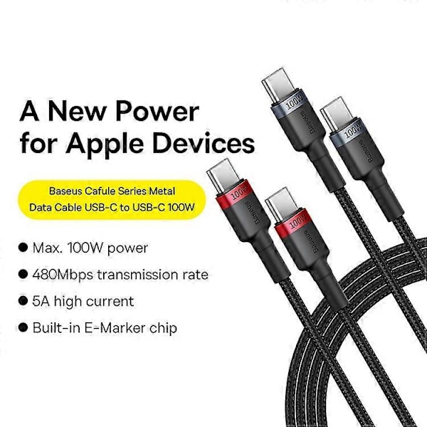 BASEUS Cafule Ladekabel Type-C til Type-C 100W 1m PD 100W Ladeledning, 2 stk (Rød / Grå)