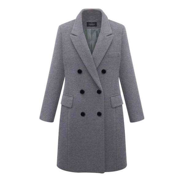 Kvinnors Dubbelknäppta Peacoat Krage Vinter Klassisk Filt Lång Jacka 3XL Gray