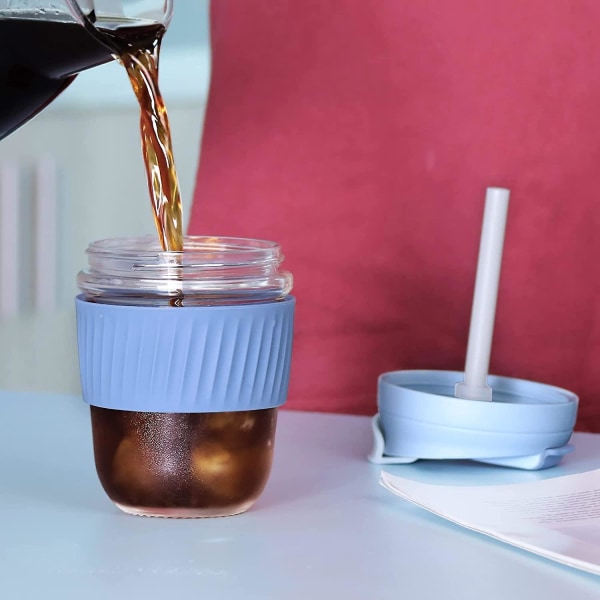 Glaskopp Återanvändbar Resmugg Med Silikonskydd Och Sugrör Lock För Te, Kaffe Hemmakontor 350ml/12oz Blå