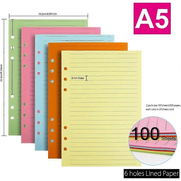 2 Förpackningar A5 Papper Färgglatt Linjerat, A5 Refill Papper 6 Hål 100 Ark Påfyllningsbart