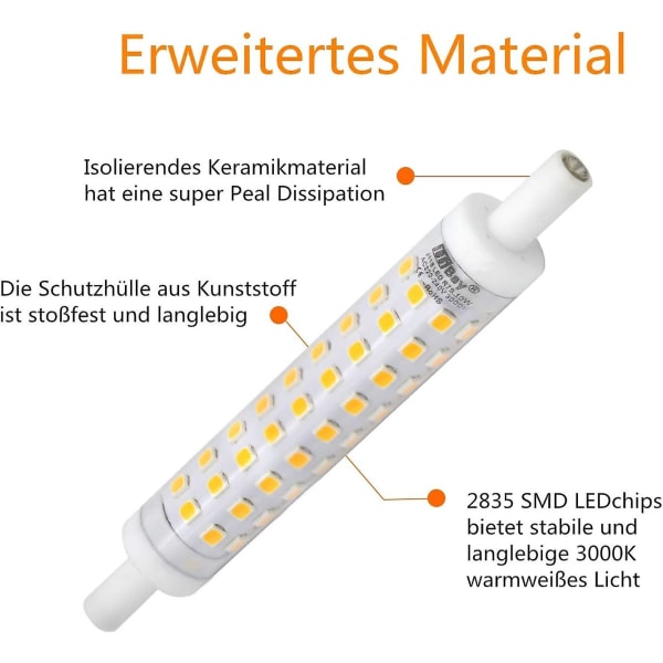 2pack R7s LED-lampor, 118 mm, varmvit, 3000k, j118, 10w, ersätter 80w halogen, ingen flimmer, 230v AC, 800lm, 360[energiklass A++]