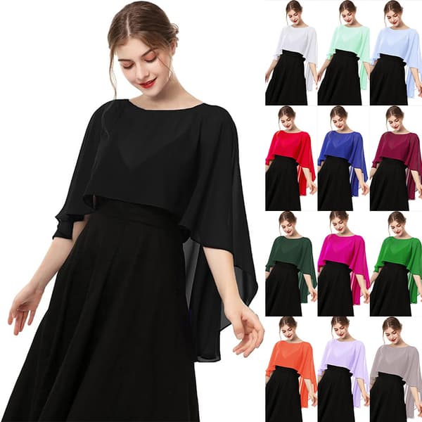 Dame Capelet, Chiffon Cape, Sjaler og Wraps til Aftenkjole Brudekjoler sort