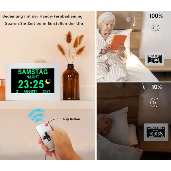 Elektronisk Dag Datum Kalenderklocka, Icke-förkortad Dag Datum, Stor Klocka för Seniorer med Demens, Alzheimers Sjukdom, med Fjärrkontroll vit